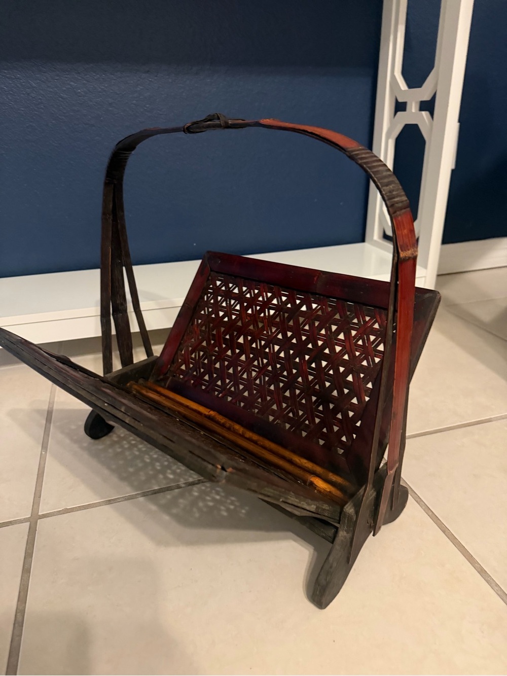 Vintage bamboo Handcrafted Wooden Folding Magazine Rack in Red and Brown